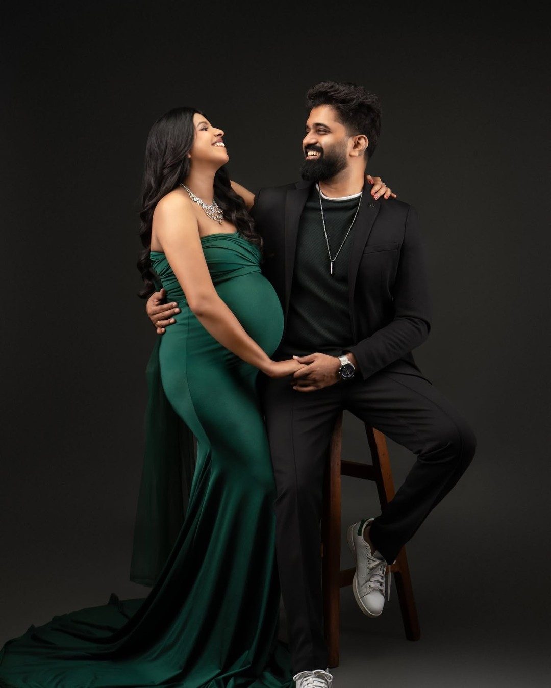 Maternity couple session, emerald gown