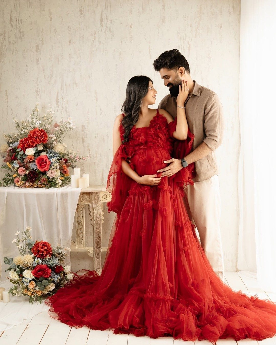Maternity couple session, red tulle gown