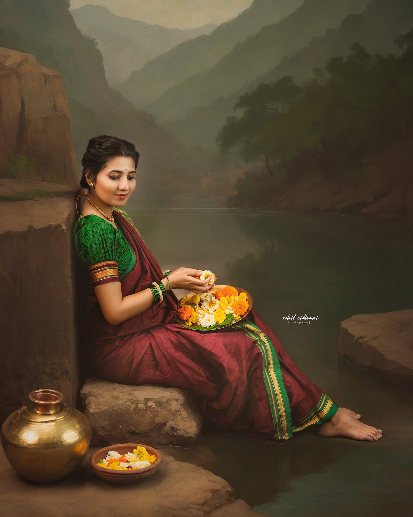 Maternity fine-art saree portrait, riverside theme