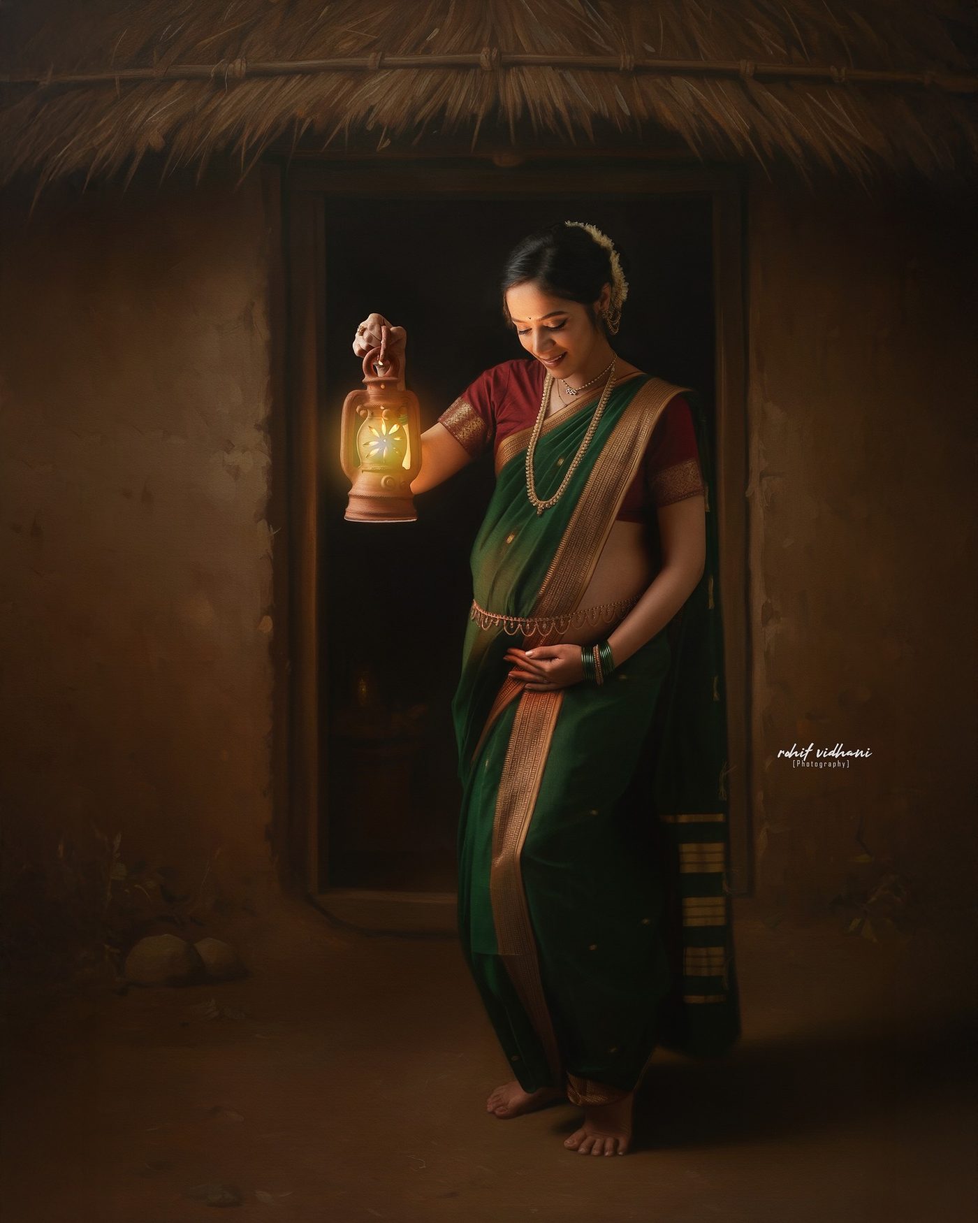 Maternity fine-art saree portrait, lantern theme